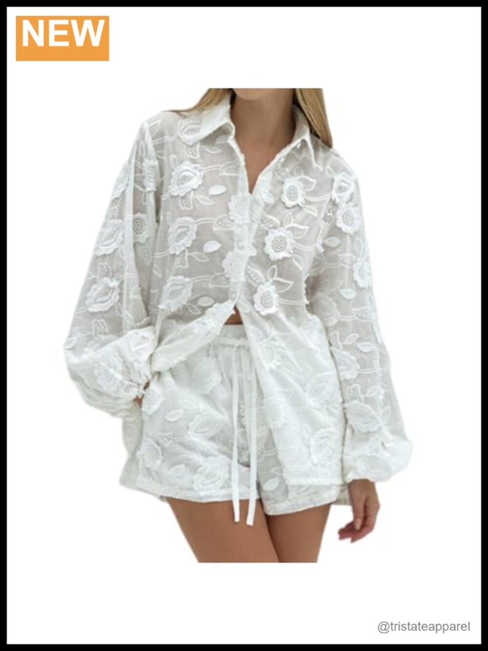 Women's 2 Piece Lace Set Long Sleeve Button Down Floral Shirt and Shorts